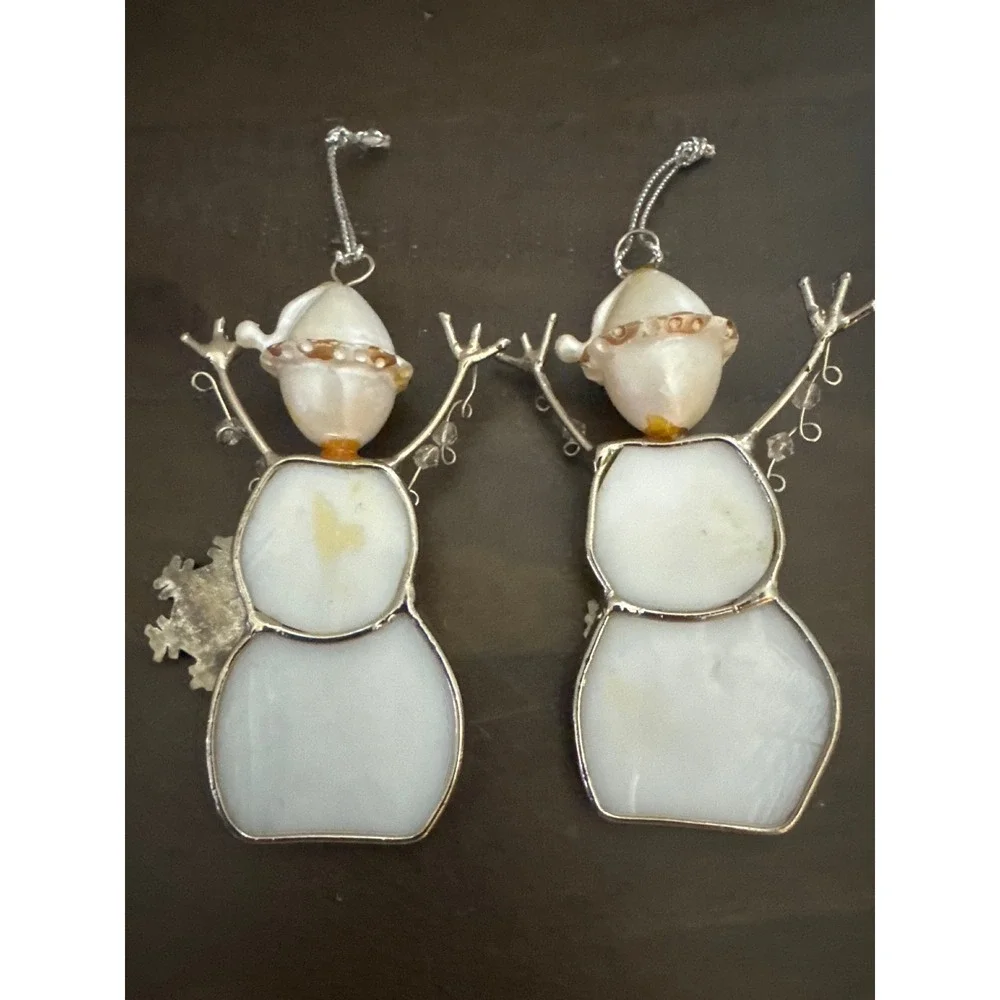 Stained Glass Snowman Ornaments Set of 2   Best Grandma and Best Grandpa Silver